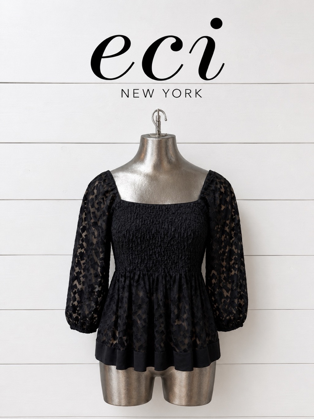 ECI New York Textured Peplum Blouse – Black – Size 6
